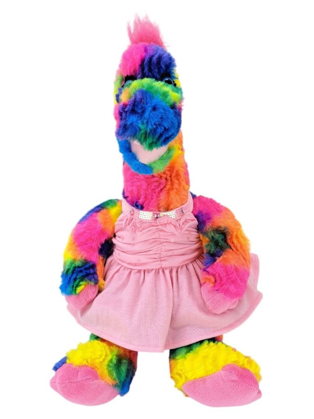 Build-A-Bear Rainbow Tie-Dye Plush Dinosaur Sequin Tutu & Halter Dress 21 Inches